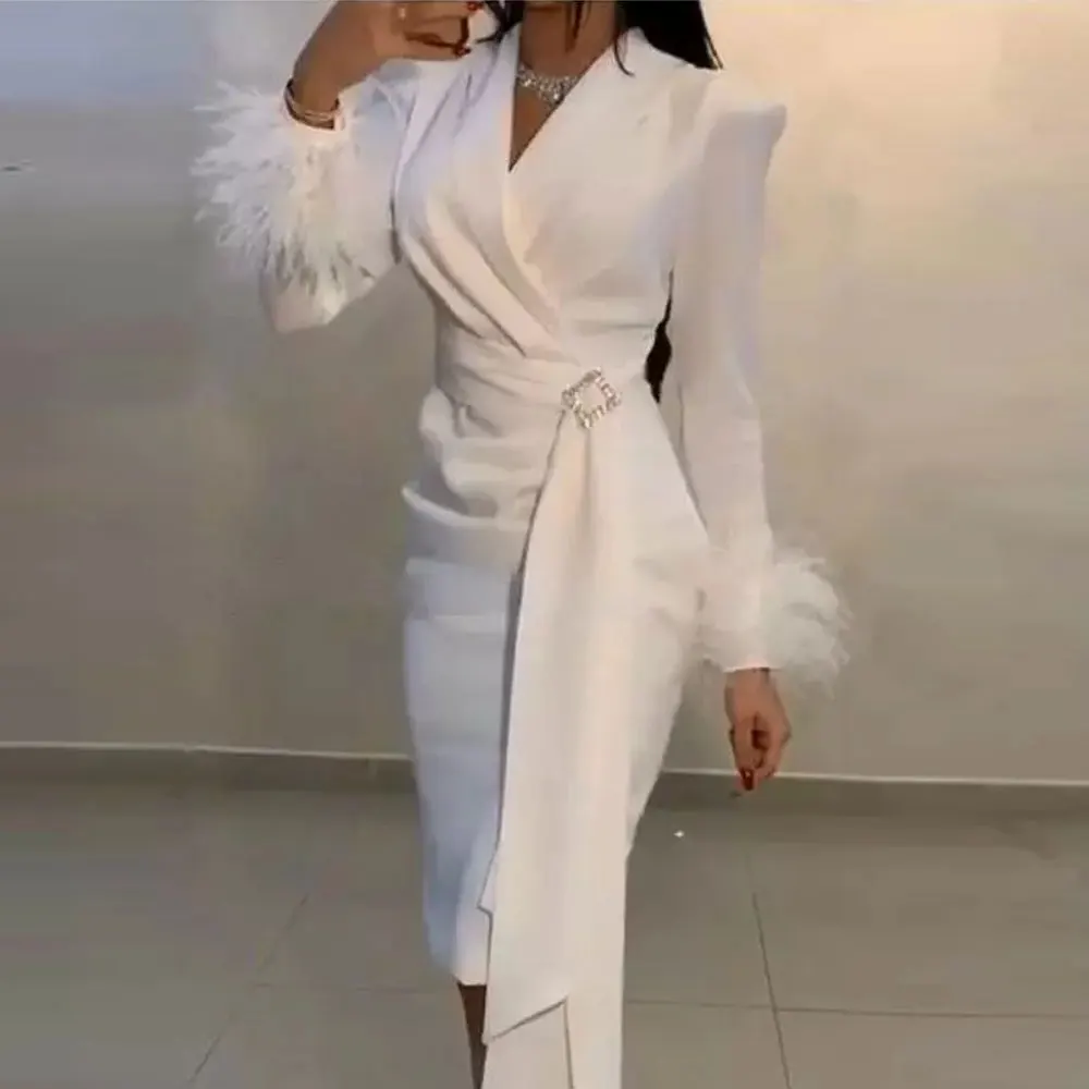 

long-sleeved Belt Party Gowns Feather Tea length V-Neck Sheath / Column Ivory Party Dresses Fold\Ruffle Draped Evening Dresses