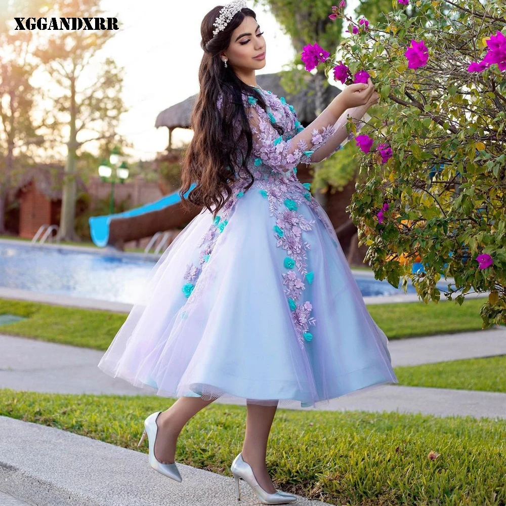 

Beautiful A-Line Prom Dress 2022 Tulle Appliques Flowers Long Skirt Blue Full Sleeves Prom Dress Or Custom Made