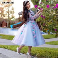 beautiful a line prom dress 2022 tulle appliques flowers long skirt blue full sleeves prom dress or custom made