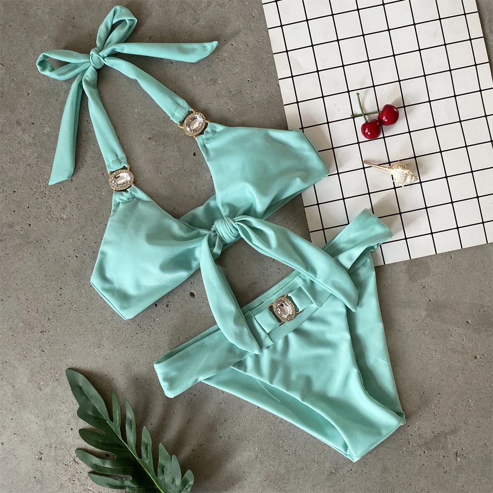 

2020 New Rhinestone Diamond Deluxe Solid Color Swimsuit Women Knotted Bikini Set Sexy Shiny Crystal Swimwear Women Swimwear S~L