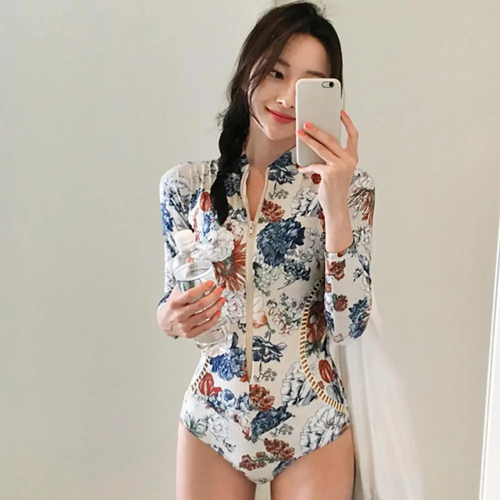 Женский цельный купальный костюм пикантный с длинным рукавом монокини Цветочный