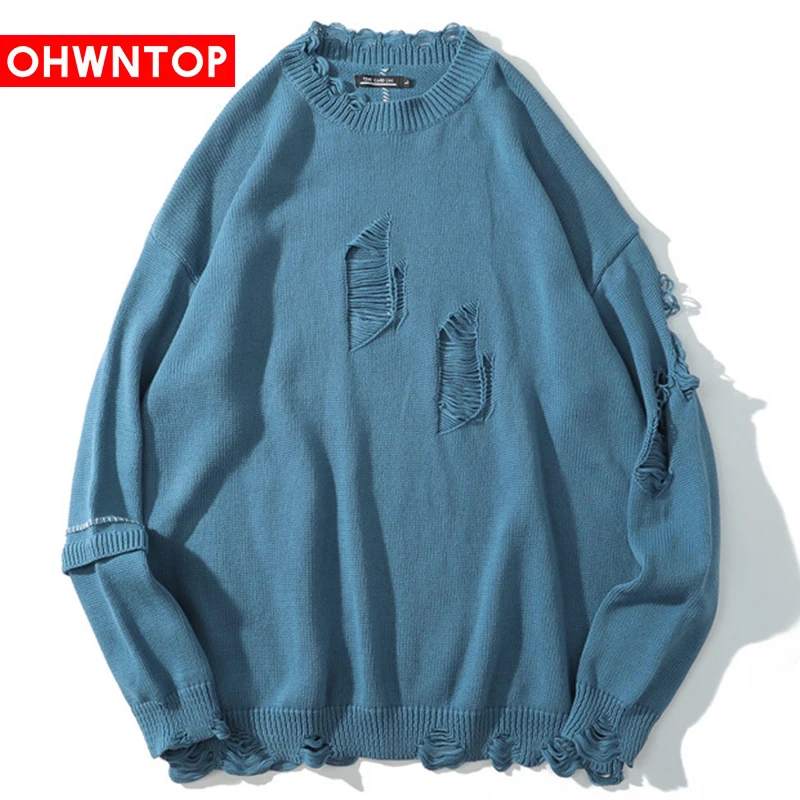 

Harajuku Knitted Sweaters Men Hip Hop Loose Pullover Ripped Distressed Destroyed Holes Sweater Streetwear Male Clothing Coats