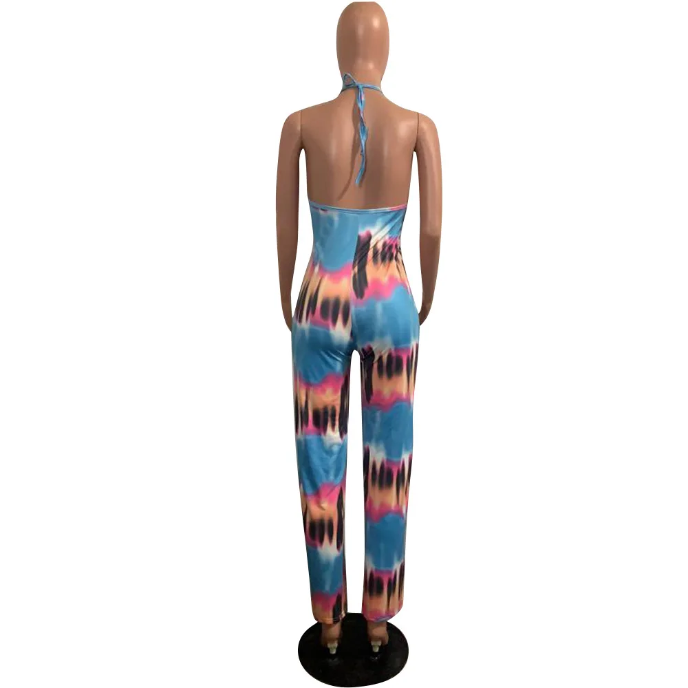 

Womens Jumpsuit Tie Dye Print Rompers Summer Deep V Neck Sleeveless Wide Leg Bodysuit Casual Halter Open Back One Piece Overall