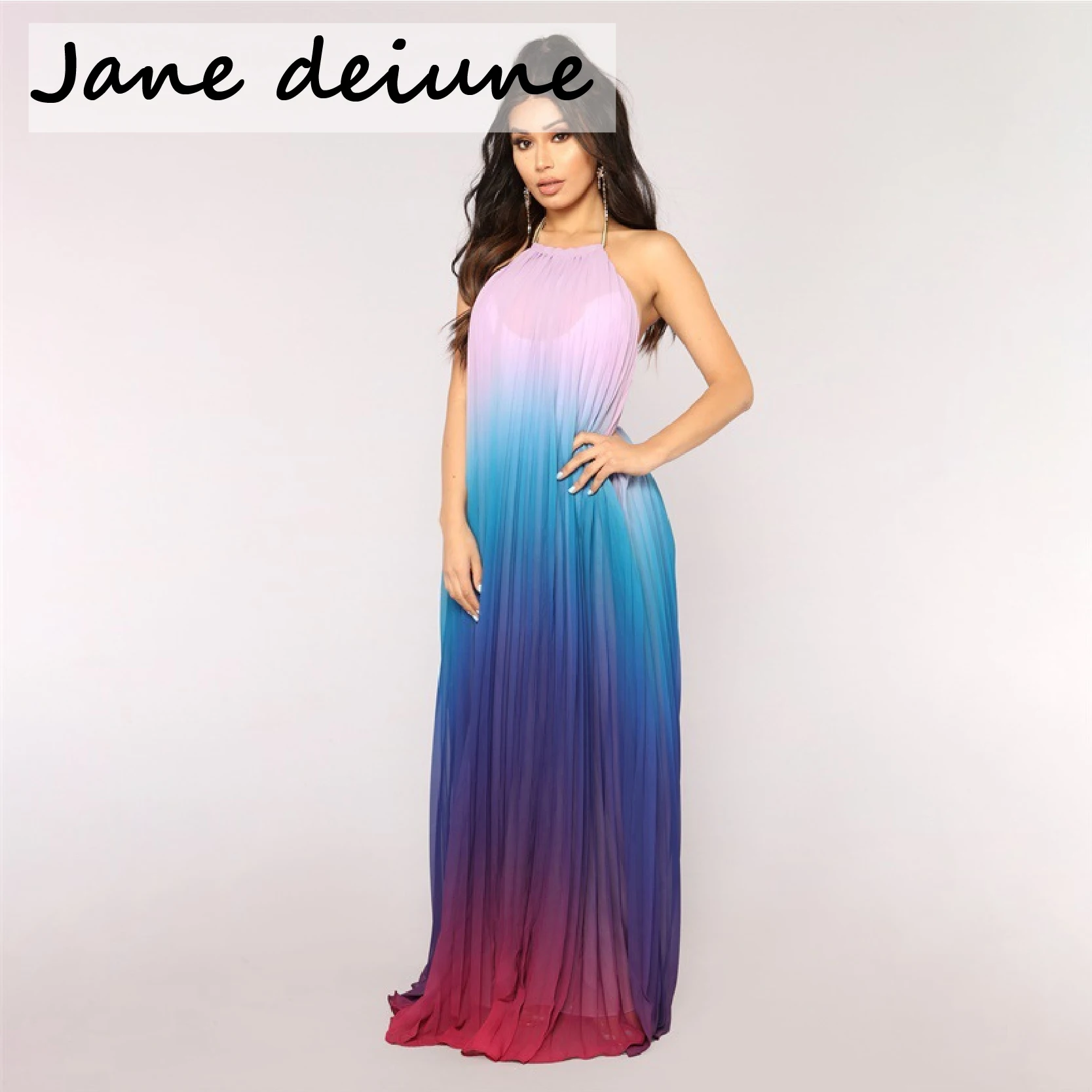 

2021 Jane Deiune Elagant Party Maxi Long Dress Women Backless Sleeveless Casual Embroidery Halter Gradient Boho Bridesmaids Robe
