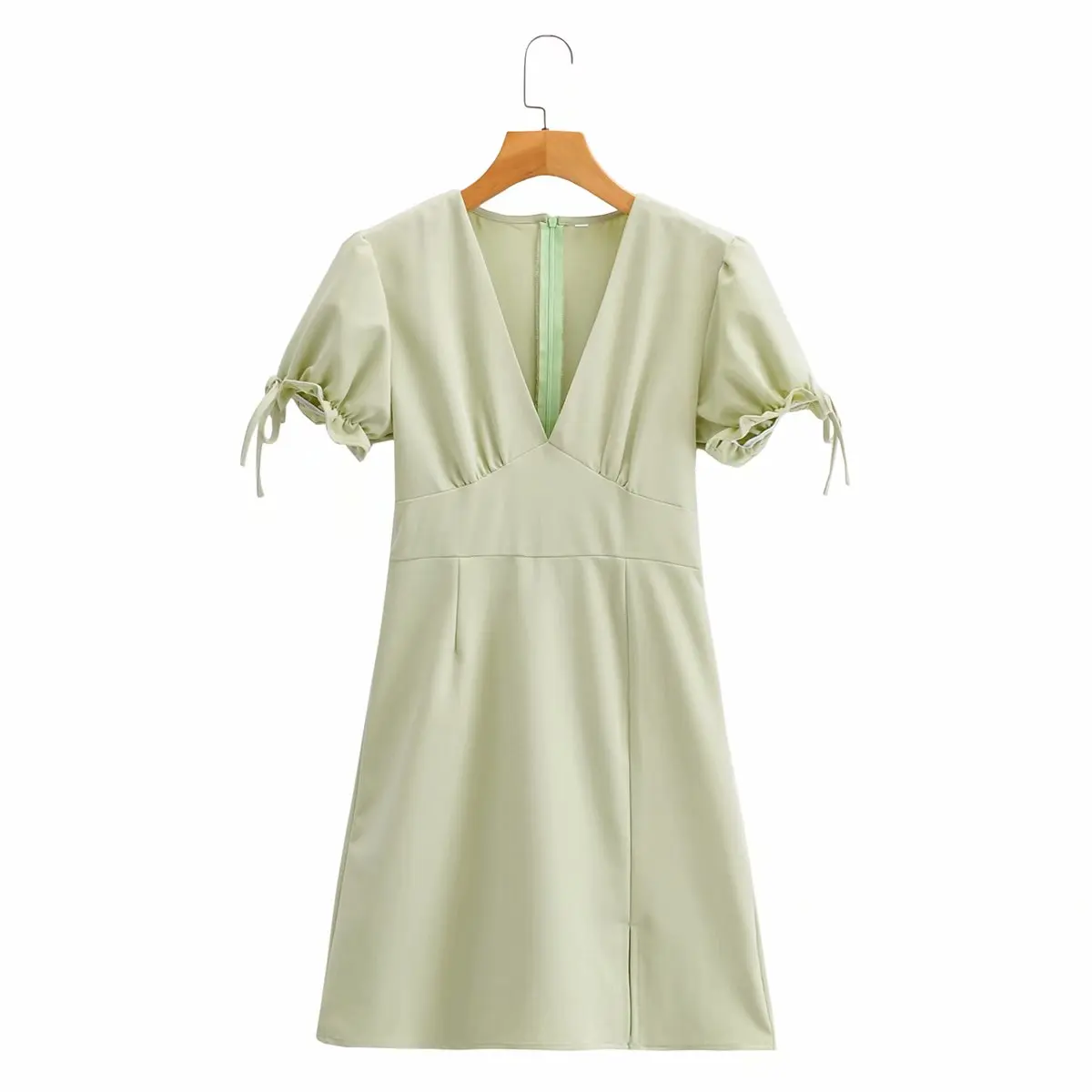 

Elegant Women Pure Color V-neck Short Sleeves Dress Vintage Fashion Slim Bow Sleeves Chic Female Mini Dresses