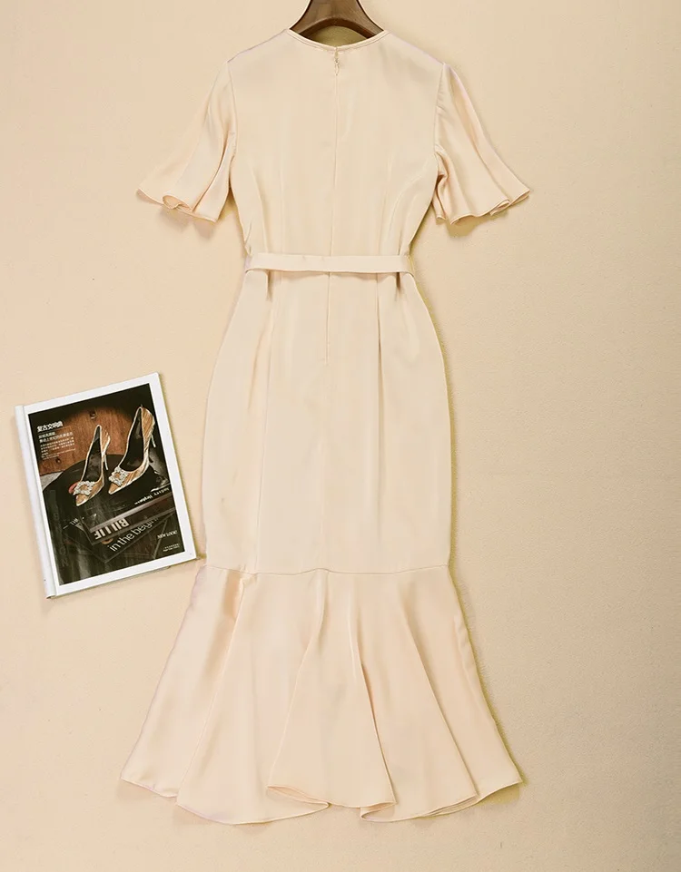 

New Arrival Dress 2020 Summer Style Women Ruffle Floral Patchwork Short Sleeve Midi Party Sexy Mermaid Dress Yellow Apricot