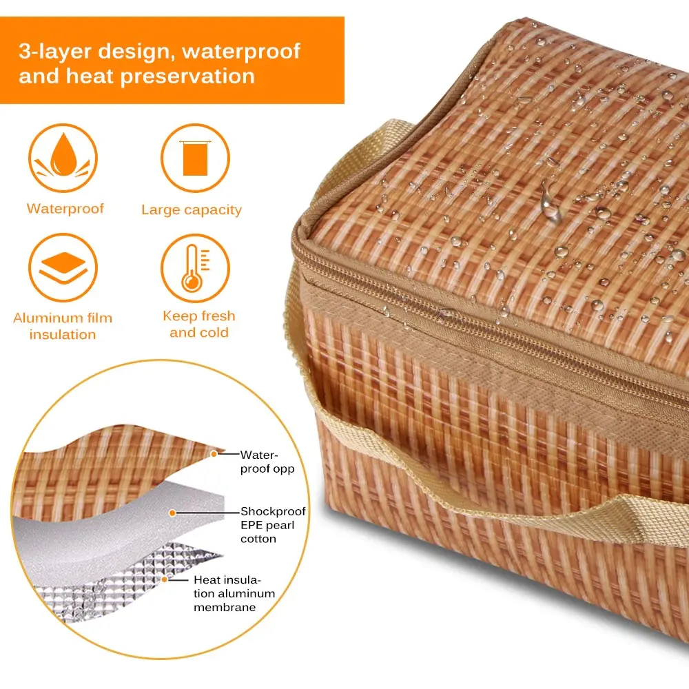 

Lunch Food Box Bag Large Capacity Retro Fashion 3-Layer Insulated Thermal Food Picnic Lunch Bag Tote Bag Case Camping Equipment