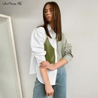 mnealways18 vintage splicing leather oversized shirts women long sleeve asymmetrical ladies blouse lapel breasted patchwork tops