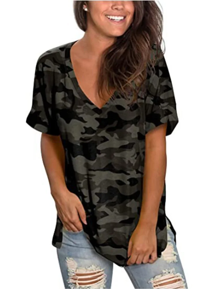 

Women's Floral Tops Short Sleeve Casual V Neck Tee Rolled T Shirt Printed Side Split High Low Hem Tunic