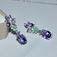 luxury silver plate bohemia enamel dangle earrings for women purple crystal floral pattern custom drops elegant banquet jewelry