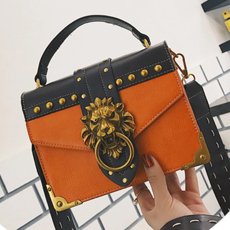 

Fashion Square rivet Messenger Bags Female Handbags Popular Girls Crossbody bags Womans Metal Lion Head Totes Shoulder Bag Purse