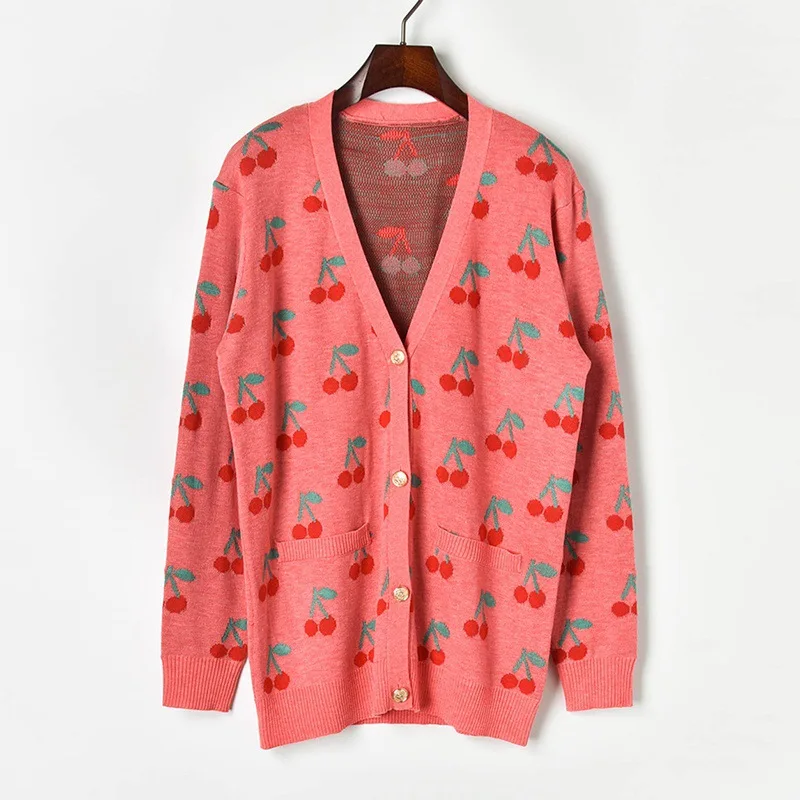 Женский вязаный кардиган с длинным рукавом длинный жаккардовый v-образным