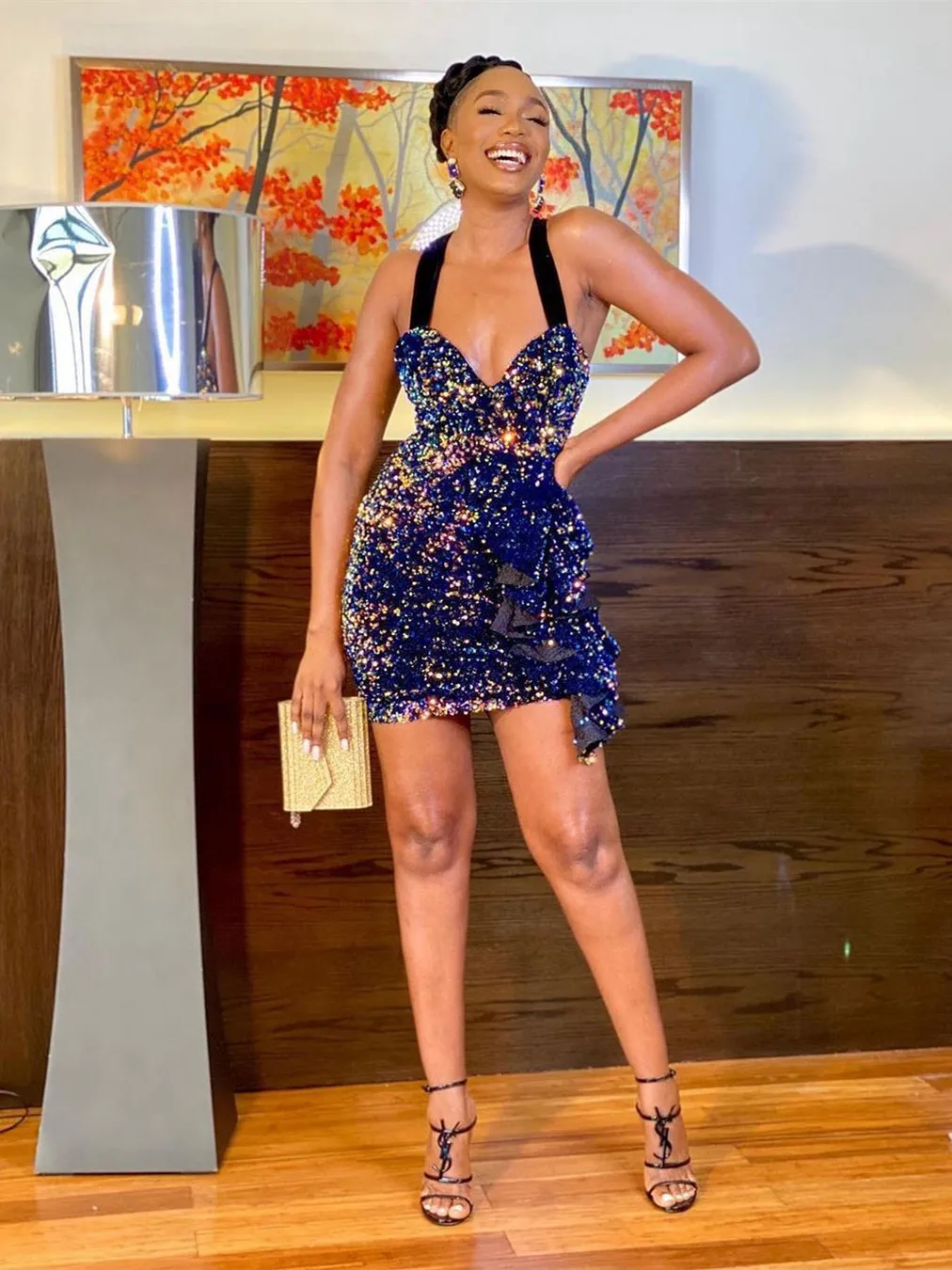 

Sexy Colorful Sequins Cocktail Dresses Mini Straight Aso Ebi Halter Short Prom Gowns Plus Size Sweetheart Glitter Gown