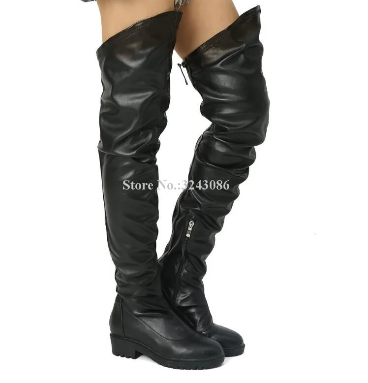 

Женские кожаные сапоги выше колена, черные, на плоской подошве, со складками, на платформе, повседневные, Прямая поставка