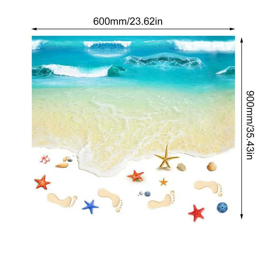 

3D Beach Self-adhesive Wall Sticker Sea Wavy Waterproof Non-slip PVC Floor Sticker Super Thick Wallpaper For Bathroom Floor