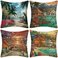 best selling color oil painting tropical coconut beach pillowcase linen pillowcase family car lumbar pillow pillowcase bedding