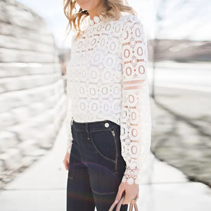 

Nice Pop Hollow Black And White Fashion Women Long Sleeve Shirt Office Lady Casual Lace Loose Cotton Tops T Shirt