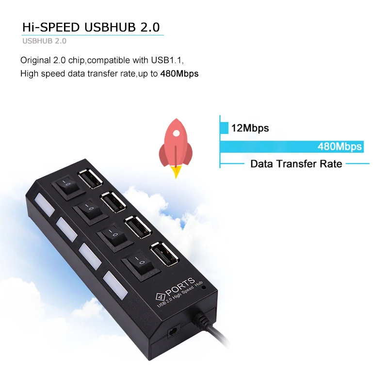 kebidu 4 Ports usb hub LED USB High Speed 480 Mbps Adapter Hub Splitter With Power on off Switch For PC Laptop Computer | Компьютеры и