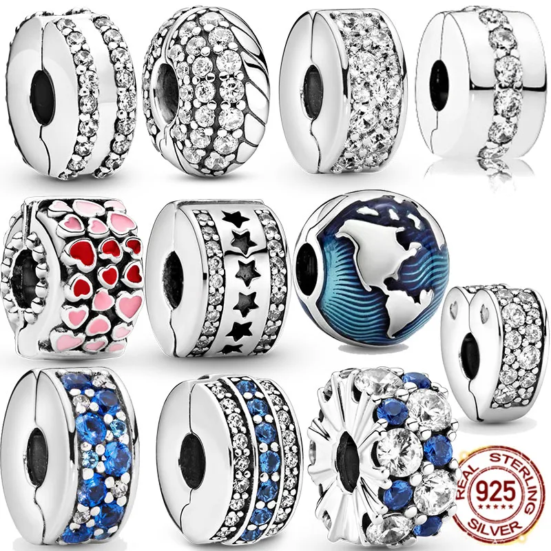 

2021 New New 925 Sterling Silver CZ pave Pattern Star Heart Zircon Clip Charm Beads Stopper fit Pandora Bracelet Silver Jewelry