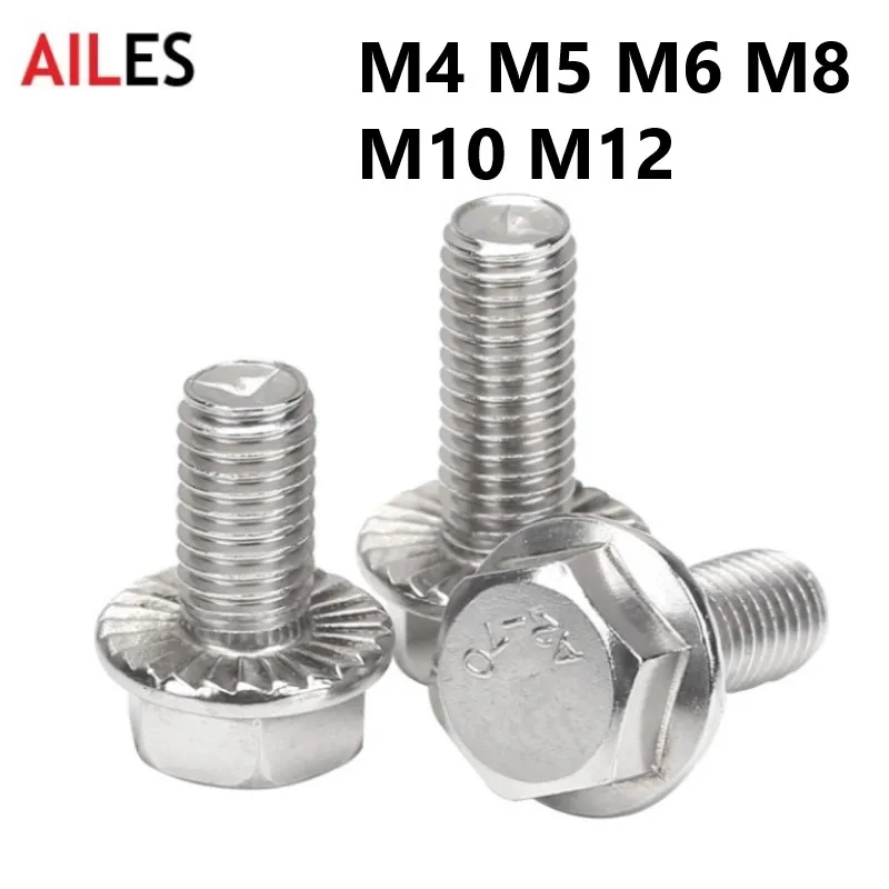 

M4 M5 M6 M8 M10 M12 External Hexagon Flange Bolts 304Stainless Steel Hexagonal Flange Screws with Anti Skid Pad 8 10 20 30 70mm