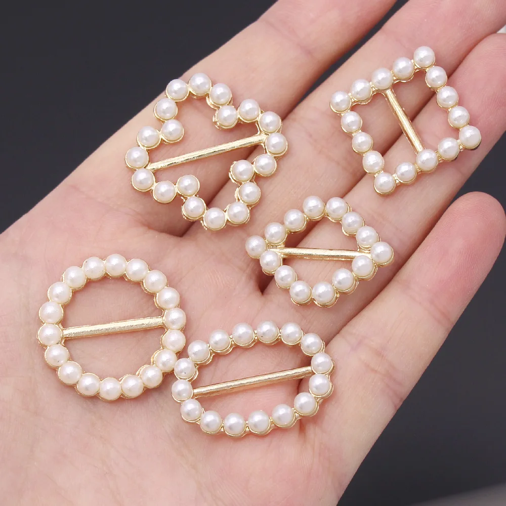 10Pcs Round/Heart/Square/Oval Pearl Buckle Invitation Card Decoration Gold Base Metal Buckles For Ribbon DIY Jewelry Accessories | Дом и сад