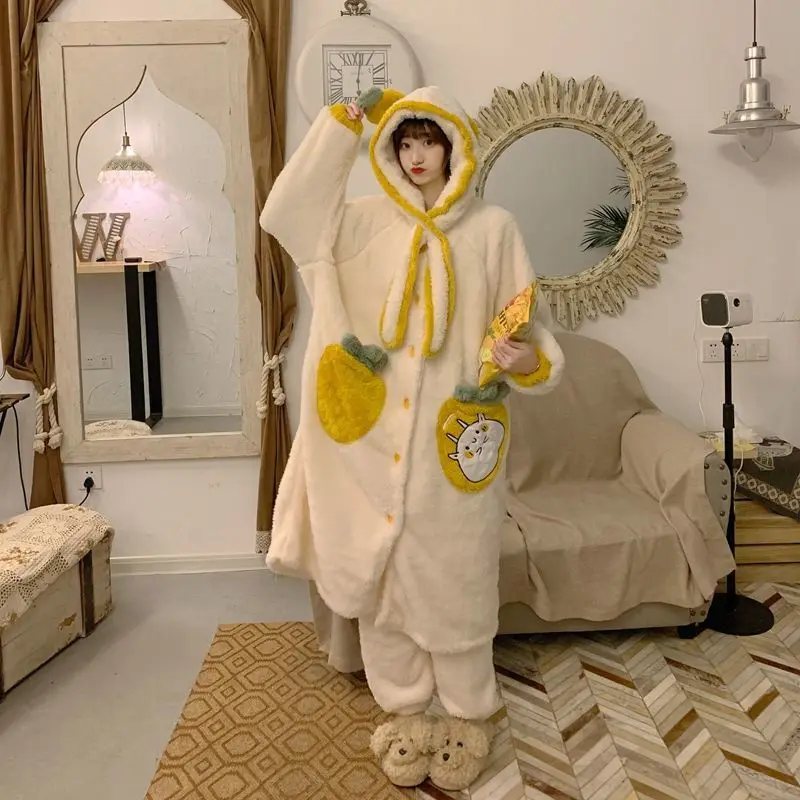 Winter Thickened Plush Velvet Pajamas Set Female 2021 New Coral Velvet Sweet Long Section Robe Bathrobe Home Wear Pajamas