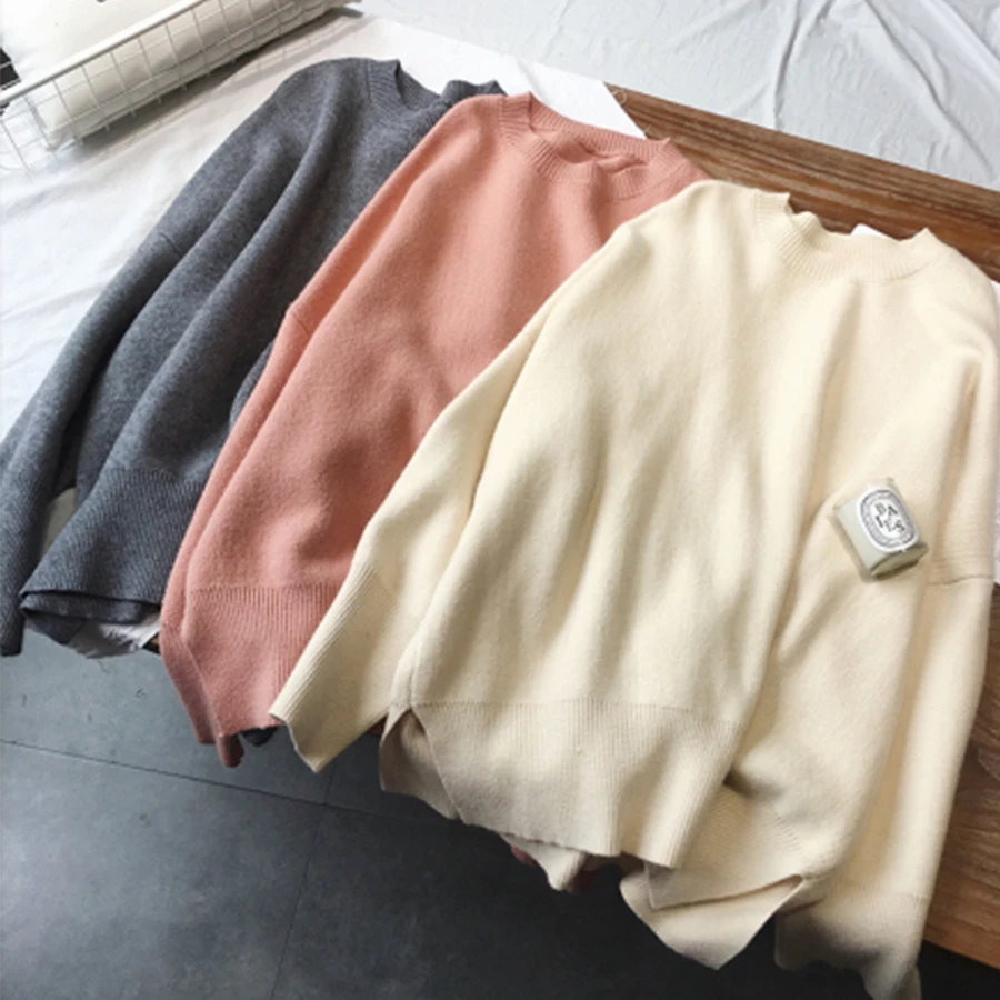 

Simple Casual Pullover Sweater Women Loose O Neck Pink White Knit Sweater Ladies Autumn Winter Fashion Plus Size Sweaters Female