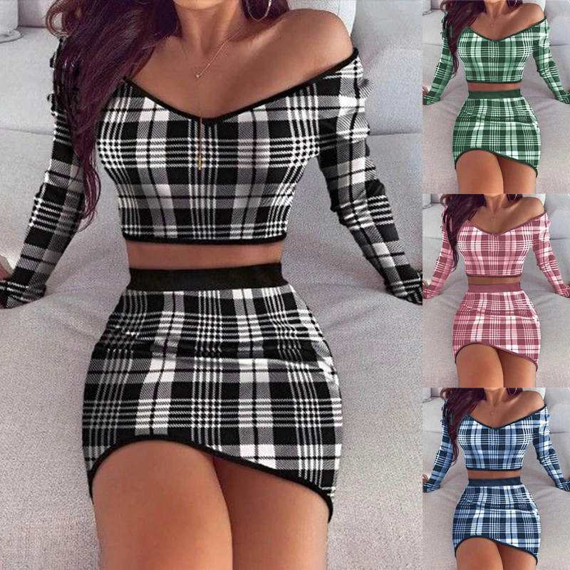 

Casual Summer Sexy Two Piece Women Set Lattice V Neck Long Sleeve Off The Shoulder Crop Tops Elegant High Waist Mini Skirt