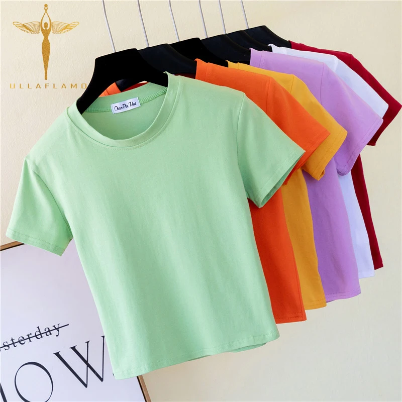 Женская хлопковая футболка летняя облегающая женская однотонная укороченная с