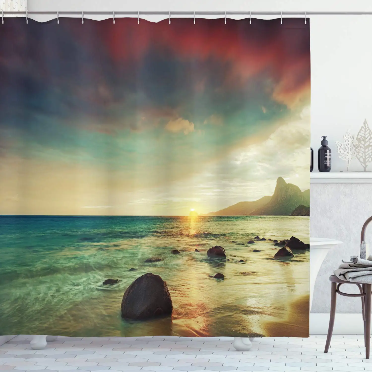 

Beach Shower Curtain Palm Trees Ocean Sunbeds Balcony Wooden Windows Summer Tropical Cloth Fabric Bathroom Decor Set With Hooks