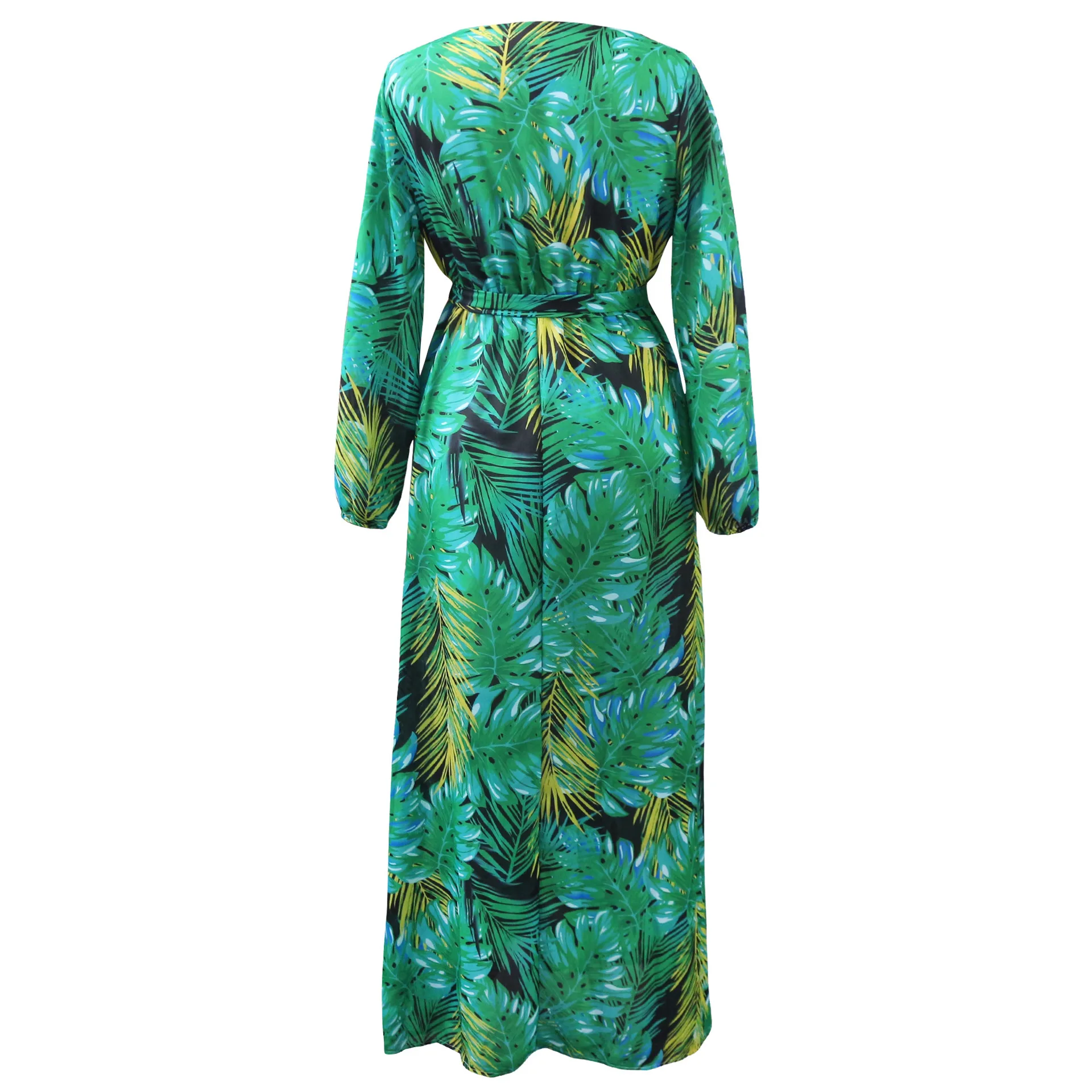 

European and American autumn fashion plus size women's digital printing sexy V-neck long-sleeved elegant dress ladies skirt