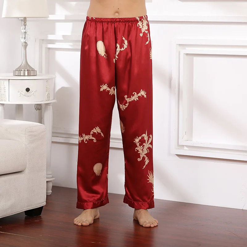 Print Pants Satin Sleepwear Men Pajamas Sleep Bottoms Casual Nightwear PJS Faux Silk Pijamas Home Pants Spring Summer New
