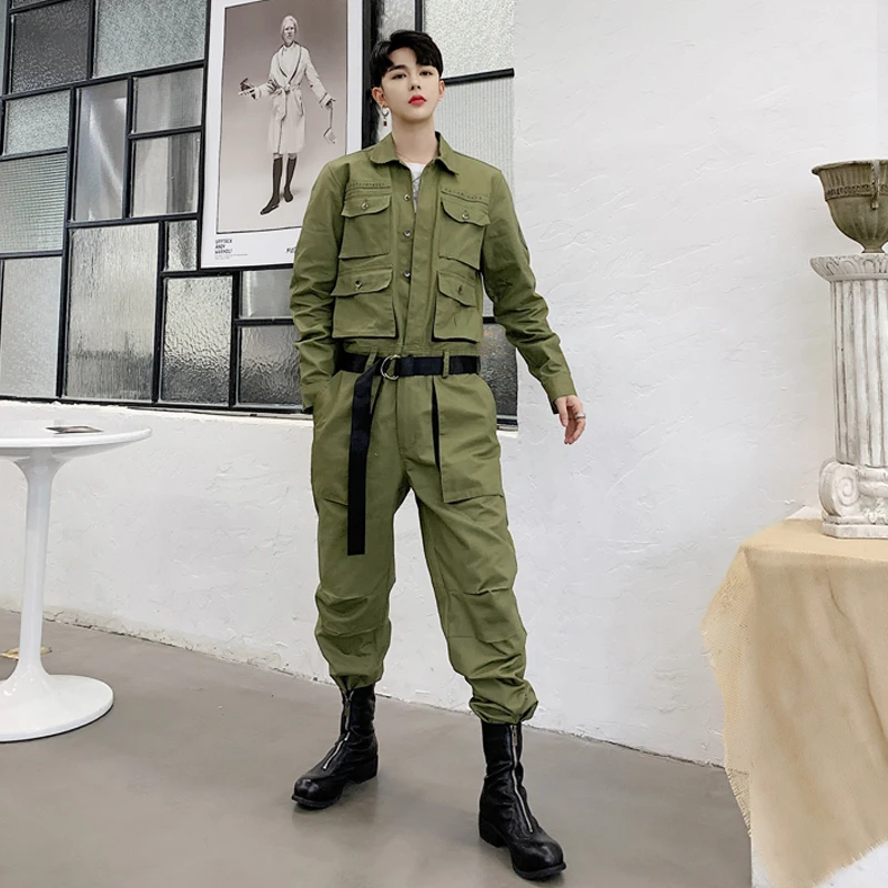 

Men fashion pink black multi pockets overalls hip hop jumpsuit women casual cargo pants Japan style vintage joggers trousers