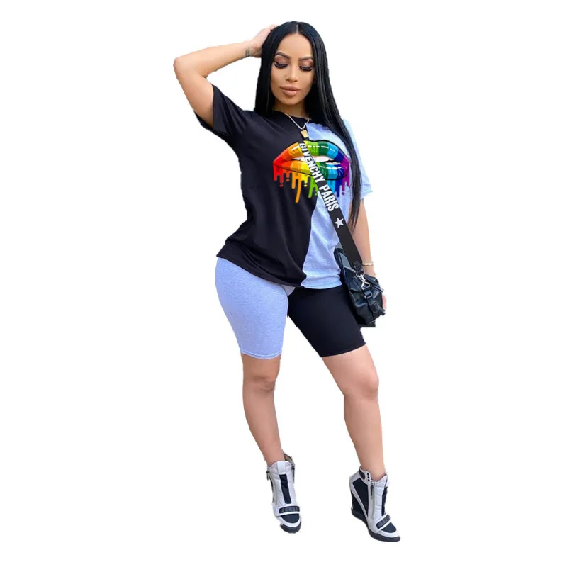 

Women's fashion casual color contrast stitching lip print short sleeve two-piece suit