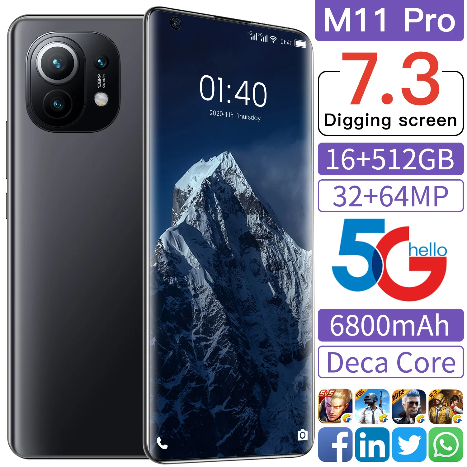 

M11 Pro 7.3 Inch Global Version Smartphone HD Screen 4G 5G Network 16G 512G Dual Sim 64MP Camera MT6889 Deca Core Mobile Phone