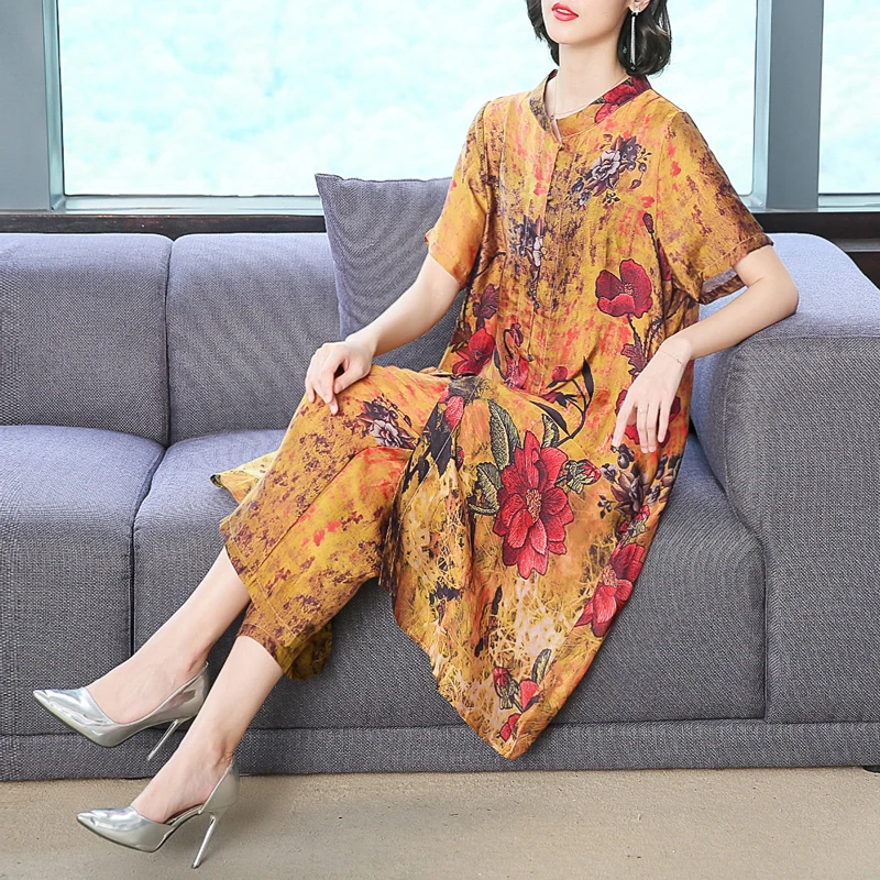 2019 Summer New Casual Silk Print Women Two Piece Set O Neck Button Long Shirt And Elastic Waist Wide Leg Pants Sets XL-6XL | Женская