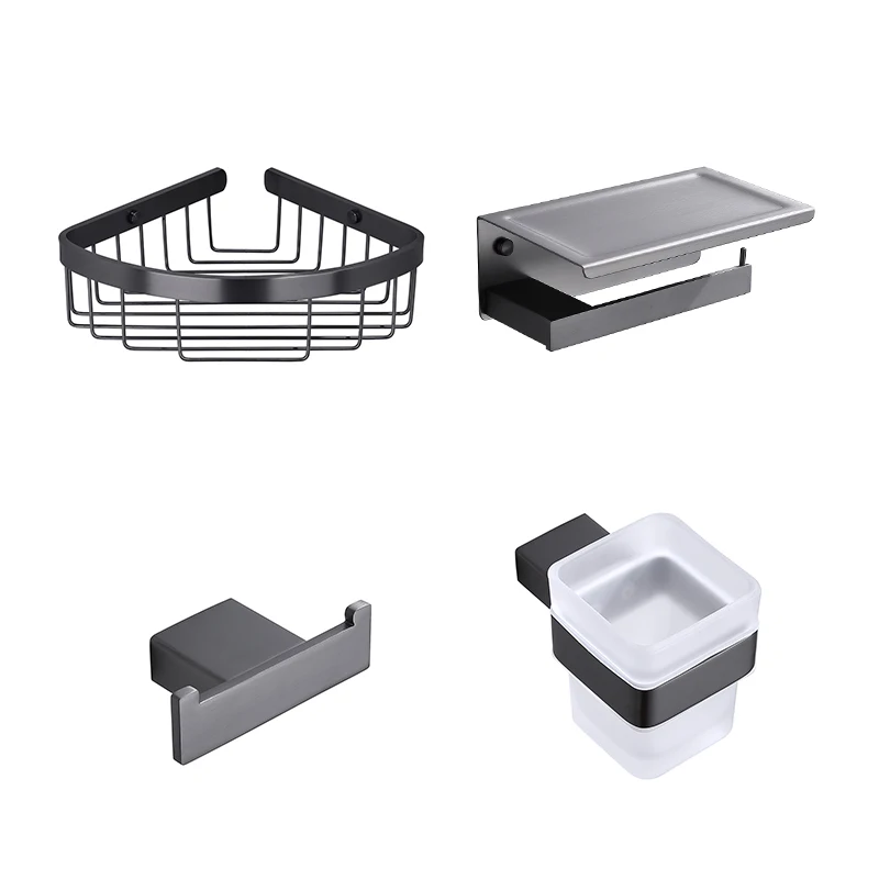 

Bathroom Accessories Grey Color Towel Robe Hook Paper Shelf Teethbrush Cup and Tumbler Holder Corner Storage Basket Set Gunmetal