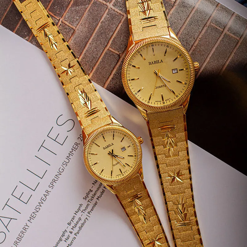 

2021 new lovers' Watch Gold Plated watch no fading calendar watch quartz watch retro carved Korean gold men's Watch