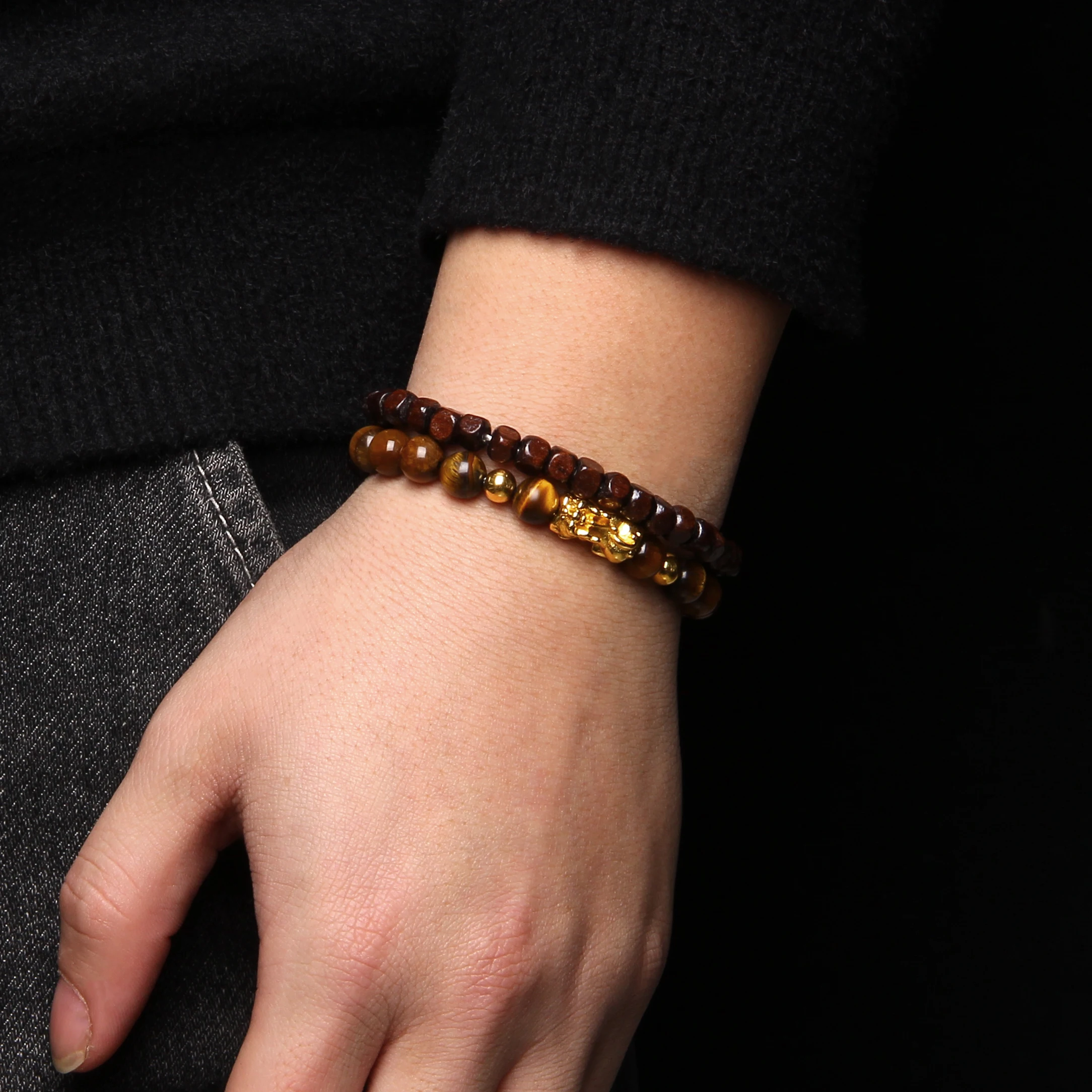

PIXIU Charm Bracelet 2PCS/SET Feng Shui Obsidian Agates Tiger Eye Natural Stone Braided Bracelets Wooden Wealth Lucky Bangles