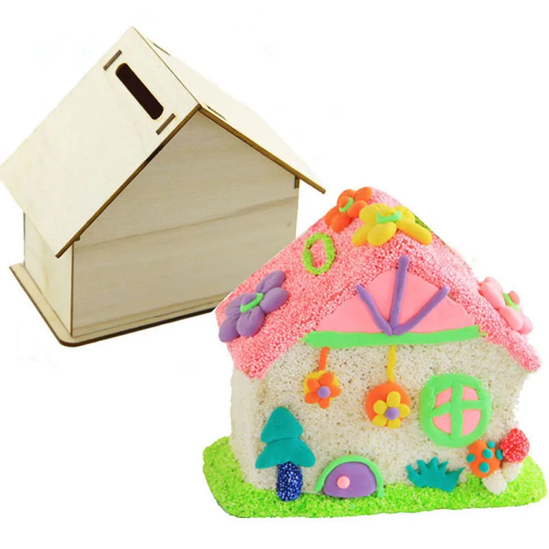 

1 Pcs Creative Wood Chalet Coin House Room Mud White Save Money Base Art Coloring Graffiti Children Baby DIY Wooden Crafts Toys