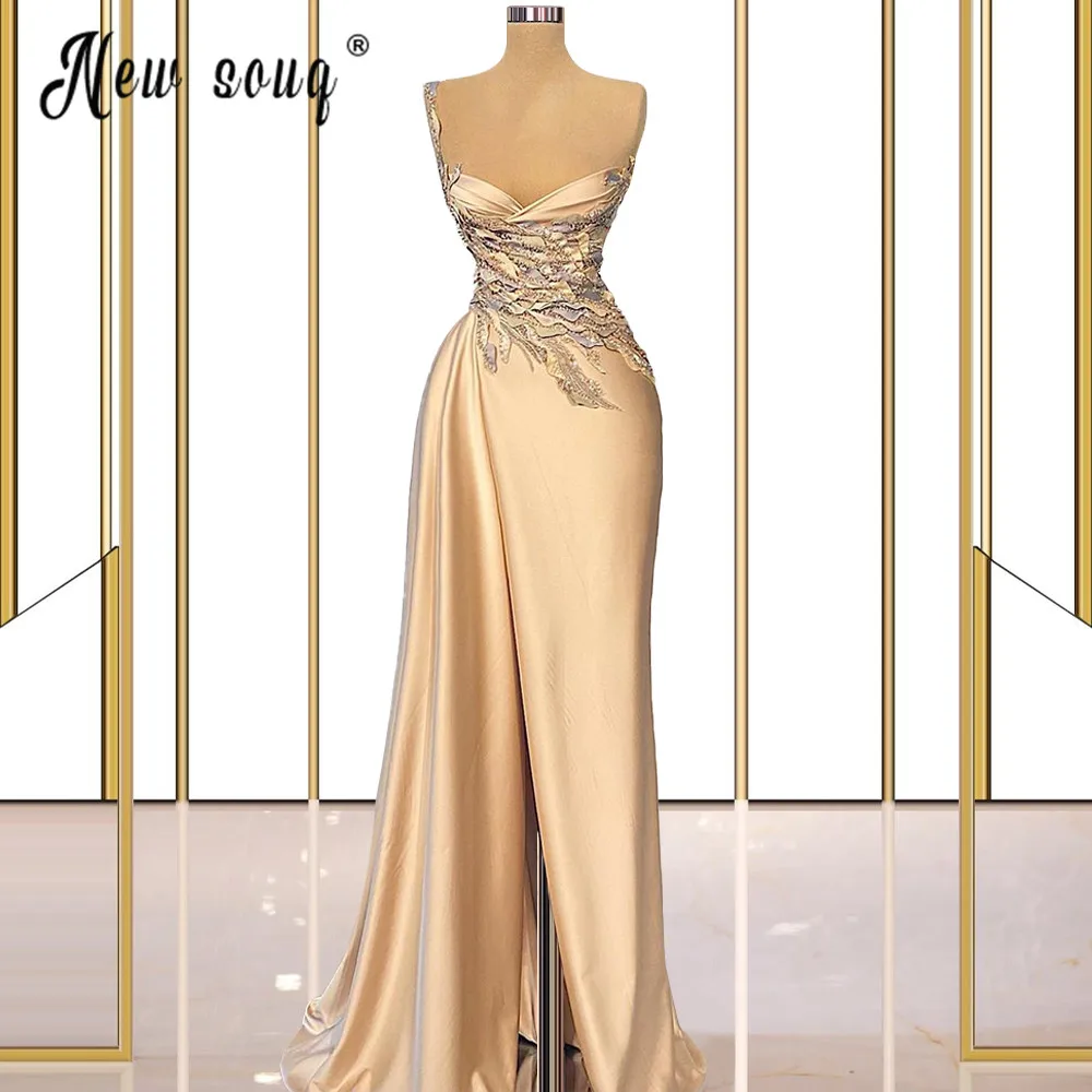 

Glitter Champagne Long Evening Dress Elegant Mermaid Split Side Satin Prom Gowns Arabic Vestido De Festa Crystal Party Dresses