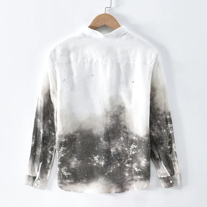 

Men Japan Chic Gradient Color Long Sleeve Lapel Shirts 100% Linen Fabric Breathable Blouses Spring Summer Streetwear Casual Tops