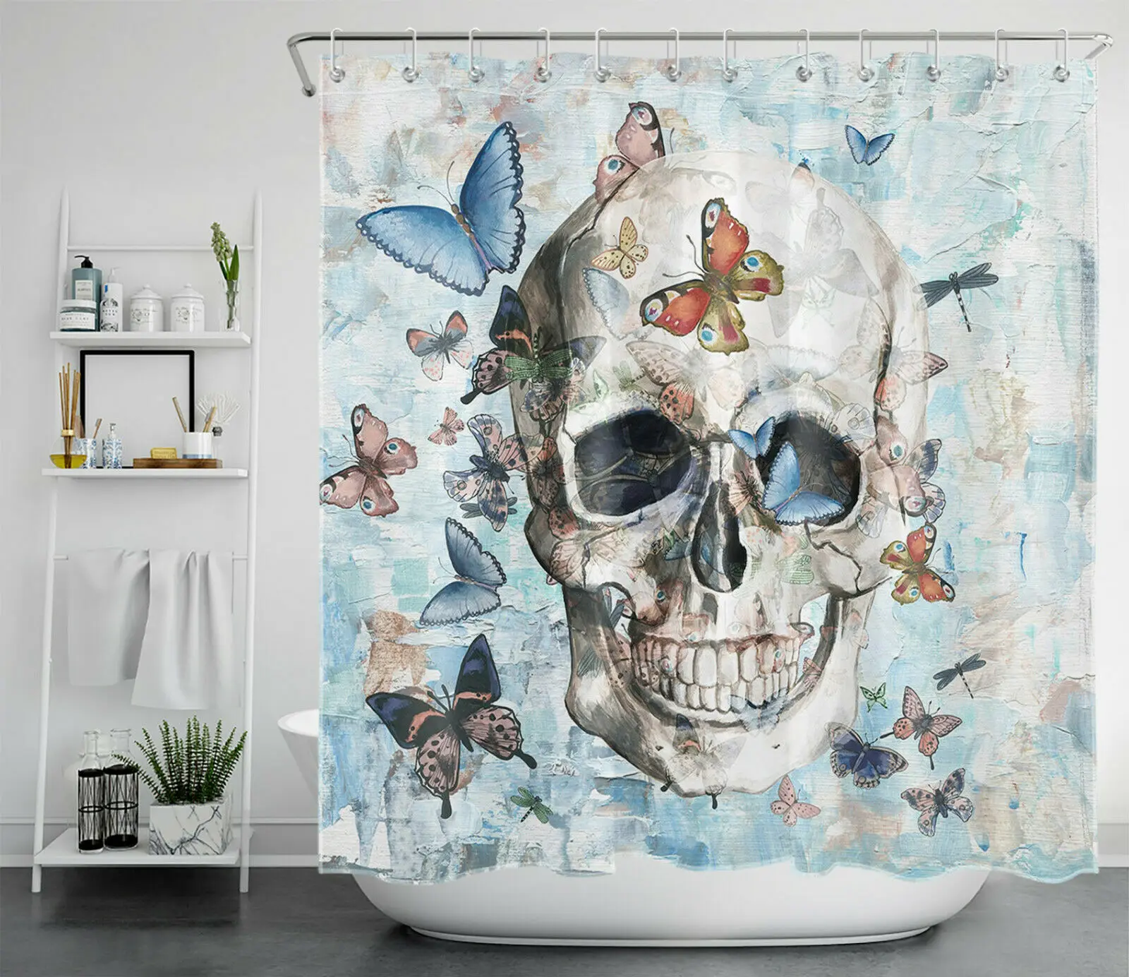 

Sugar Skull Shower Curtain Watercolor Butterfly Halloween Waterproof Polyester Fabric For Bathroom Decor with Hooks