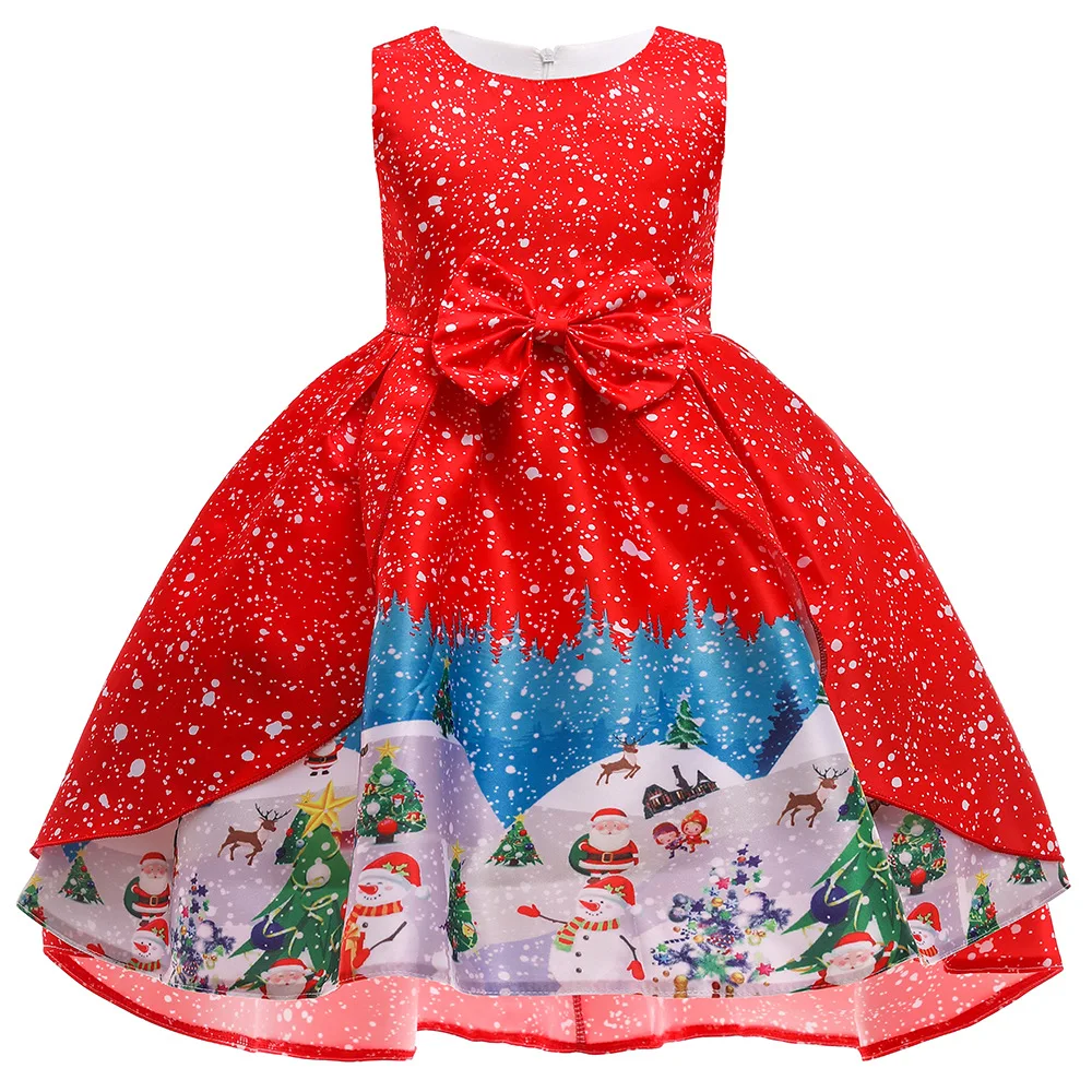 

New Girl Cartoon Print Christmas Dress With Bow Decoration Sleeveless Zipper Style Multi-Color Multi-Style 3-8 Years Old