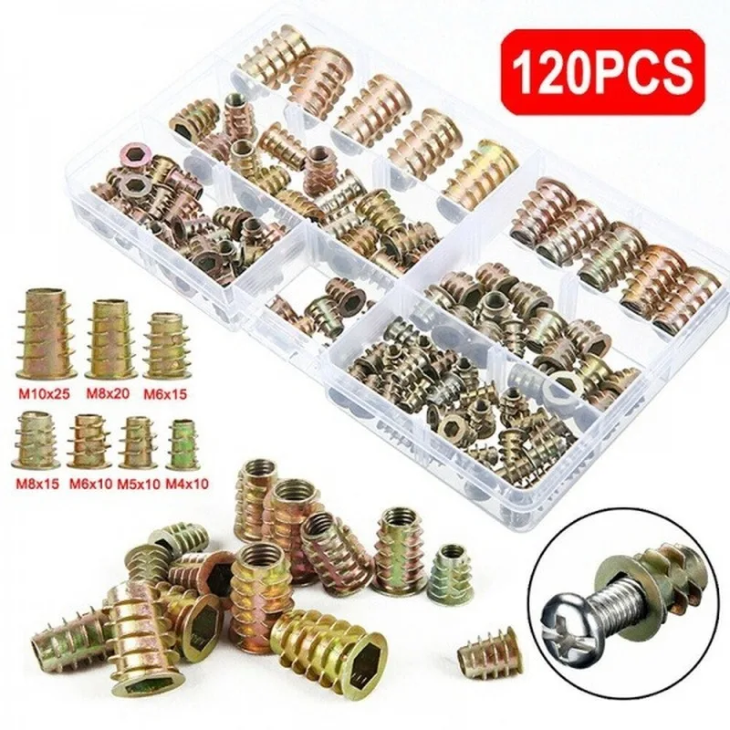 

120PCS Assorted M4 M5 M6 M8 M10 Zinc Alloyl Thread for Wood Insert Nut Flanged Hex Drive Head Furniture Nuts
