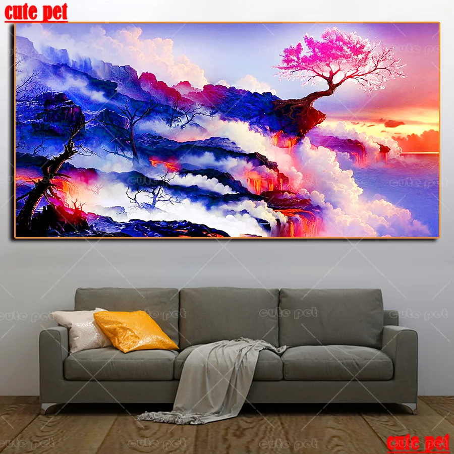 

5D DIY Diamond Painting Volcanic eruption magma Embroidery Cross Stitch art rhinestone pictures Pink tree scene decoration large