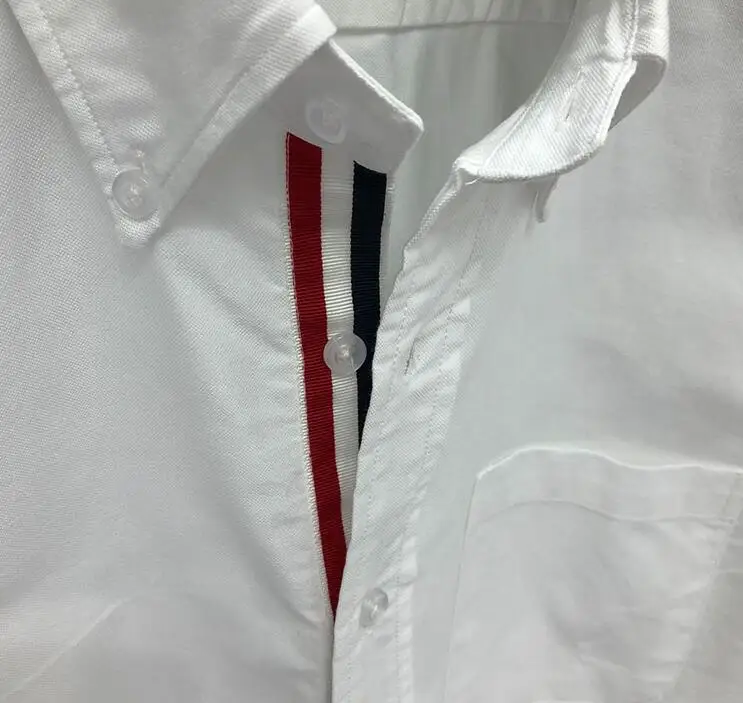 

TB THOM BULUO Brand Shirts Men Slim White Short Sleeve Casual Shirt Oxford Middle Striped Cotton Solid Men's Clothing