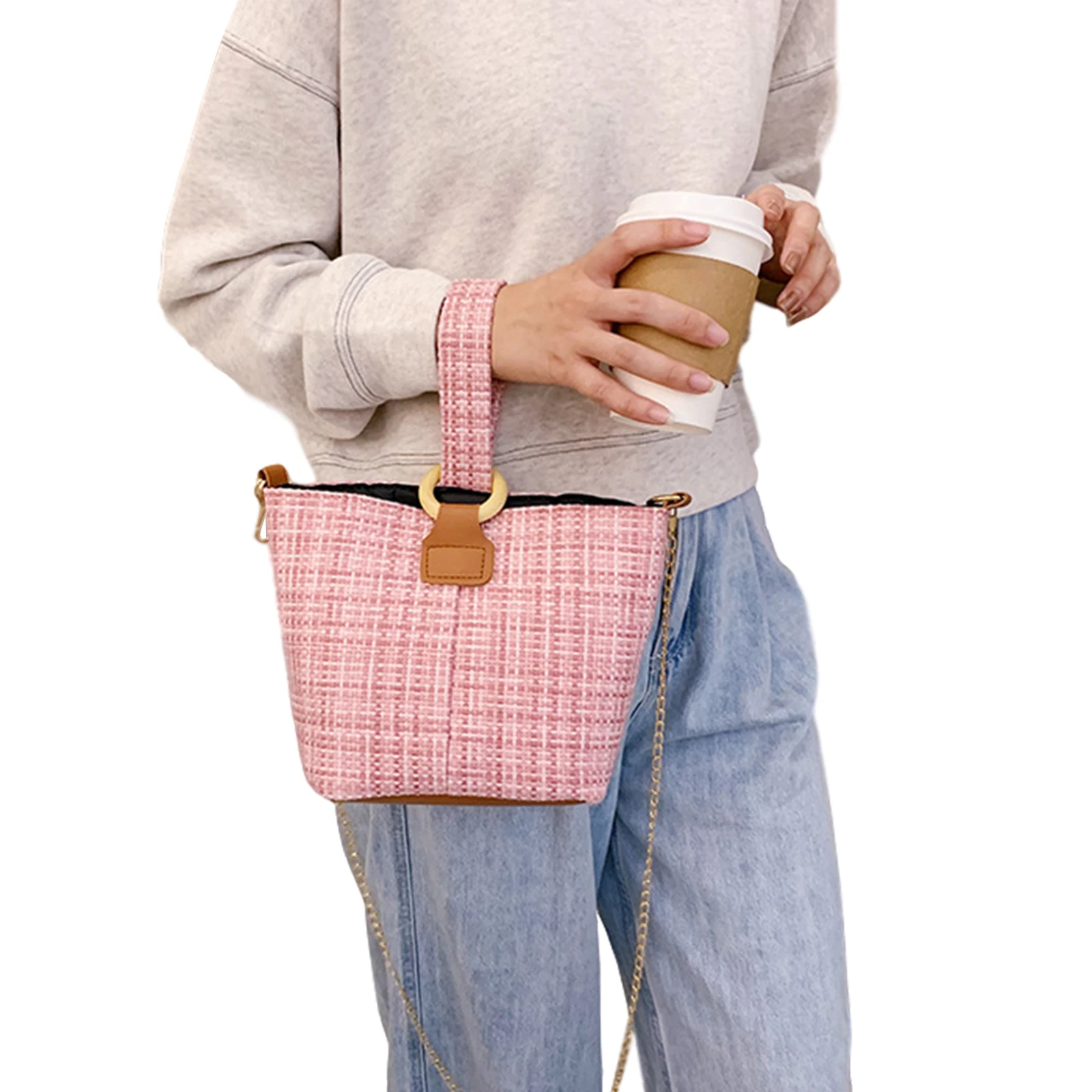 

Women Fashon Classic Plaid Print Shoulder Bag Lightweight Handbag Bucket Bag with Chain Strap