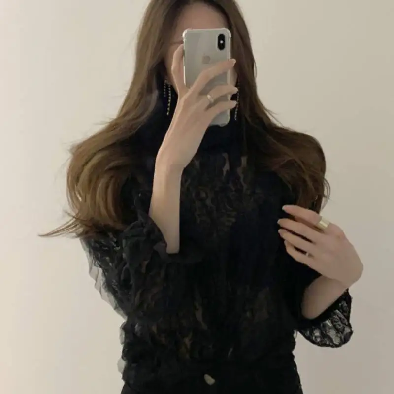 New Fashion 2021 OL Mesh Lace Shirt Crochet Flower Blouses Stand Collar Puff Sleeve Shirts Female Hollow Out Tops