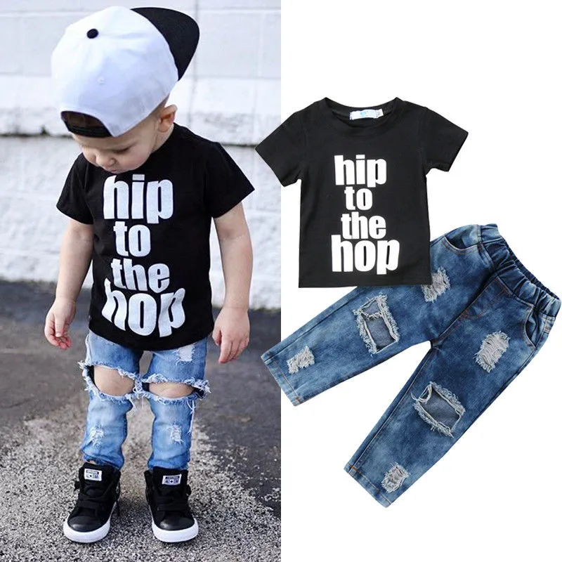

2021 New Baby Boy Clothing Set Letter T-Shirt Tees Top Ripped Denim Pants Trousers Jeans 1-6Y Kids Children Summer Casual Outfit